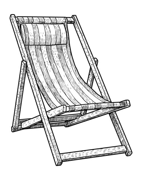 hölzerne chaise lounge, strand stuhl illustration, zeichnung, gravur, tinte, strichzeichnungen, vektor - liegestuhl stock-grafiken, -clipart, -cartoons und -symbole