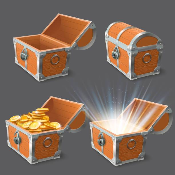 Wooden chest. Treasure coffer, old shiny gold case and lock closed or open empty chests 3d vector illustration set Wooden chest. Treasure coffer, old shiny gold case and lock closed or open empty chests. Pirates treasure or golden coins in ancient chest. 3d realistic vector illustration isolated icons set jewelry treasure chest gold crate stock illustrations