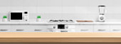 istock Wooden counter top on kitchen blur background 1329824841