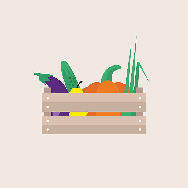 Wooden crate full of fruits and vegetables editable flat vector illustration, clip art crate stock illustrations