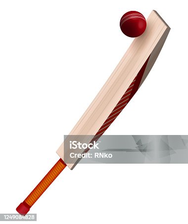 istock wooden cricket bat hits red leather ball in realistic style on white background. Summer team sports. Vector on a white background 1249084828