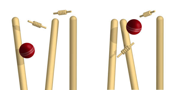 illustrazioni stock, clip art, cartoni animati e icone di tendenza di obiettivo cricket di legno rompe palla rossa. wicket con traverse superiori si disperde ai lati dal lancio preciso dell'atleta. vettore 3d isolato - pioli