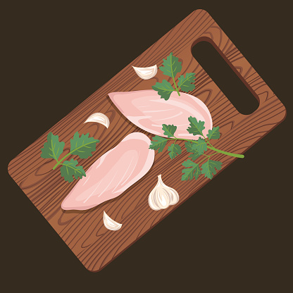 Wooden cutting board with fresh meat. Background is on its own layer for easy removal. vector