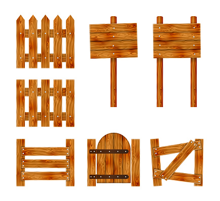 Wooden fence with a gate and signboard. Elements set for rural design. Cartoon vector illustration.