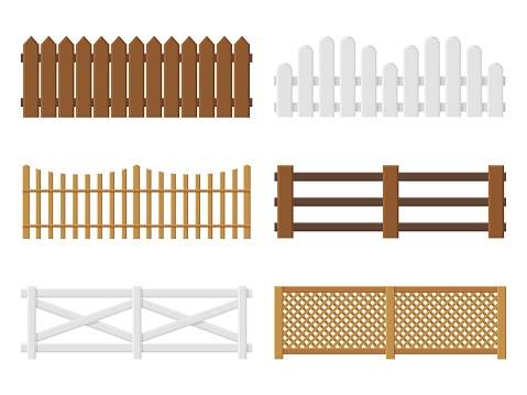 Wooden fences. Flat farm barriers and border walls. Country planks fencing templates. Different types yard railings. Ranch enclosures. Garden protection elements. Vector boundaries set