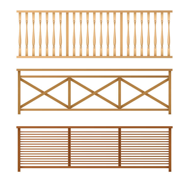 Wooden fences, handrails realistic vector set Wooden fences, handrail, balustrade sections with rhombus and grates patterns isolated, 3d realistic vector illustrations set. Balcony, stairway or terrace fencing. House interior design elements bannister stock illustrations