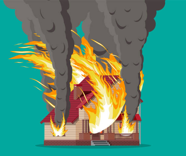 Wooden house burns. Fire in cottage. Wooden house burns. Fire in cottage. Orange flames in windows, black smoke with sparks. Property insurance. Natural disaster concept. Vector illustration in flat style house fire stock illustrations