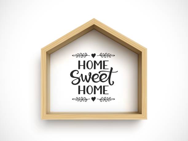 Wooden house frame. Real estate symbol Wooden house frame on white background with hand lettering phrase Home Sweet Home house borders stock illustrations