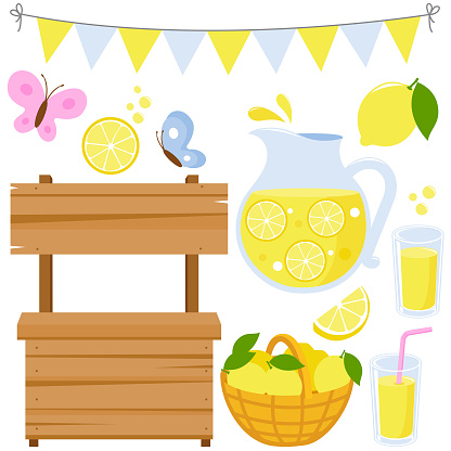 Wooden lemonade stand and lemon juice set. Vector illustration