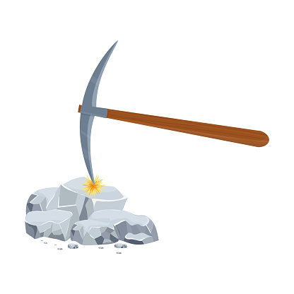Wooden pickaxe and silver nugget pile, ore in cartoon style isolated on white background. Mine, digging concept. Handle tool, instrument.