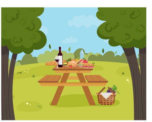 Wooden picnic table Wooden picnic table with benches on park background. Summer picnic with wine, basket, food, vegetables, fruits, sandwich. Vector illustration. sandwich backgrounds stock illustrations