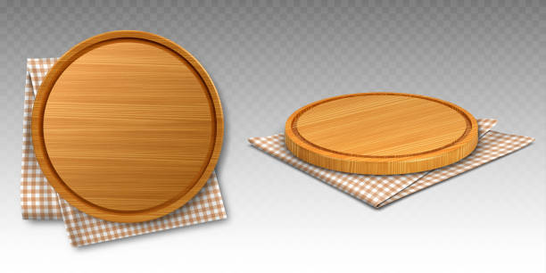 ilustrações de stock, clip art, desenhos animados e ícones de wooden pizza and cutting boards on kitchen towel - pizza table