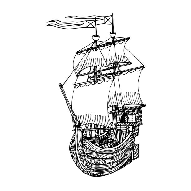 wooden sailboat made of boards with masts & sails, symbol of youth dreams & romantic wooden sailboat made of boards with masts & sails, symbol of youth dreams & romantic, vector illustration with black ink contour lines isolated on white background in a hand drawn style galleon stock illustrations