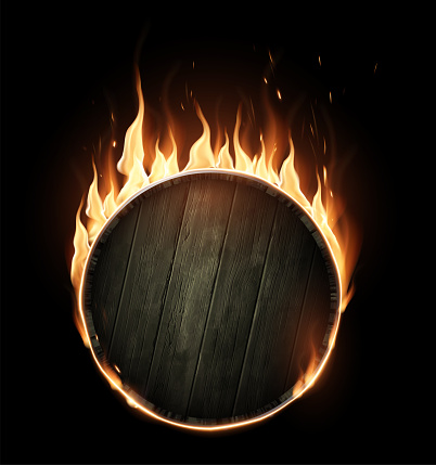 Wooden shield on a background of fire. A special transparent smoke effect. Highly realistic illustration.