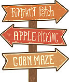 Vector illustration of a Wooden sign post with arrows pointing to Pumpkin Patch, Apple Picking and Corn Maze