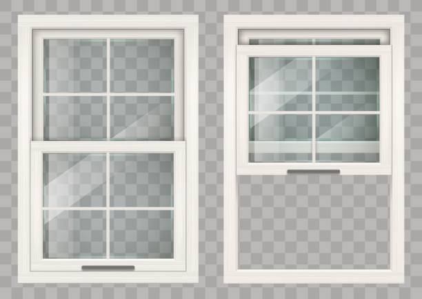 Wooden Sliding window Wooden white rectangular lifting Sliding window with clear glass. Vector graphics window stock illustrations