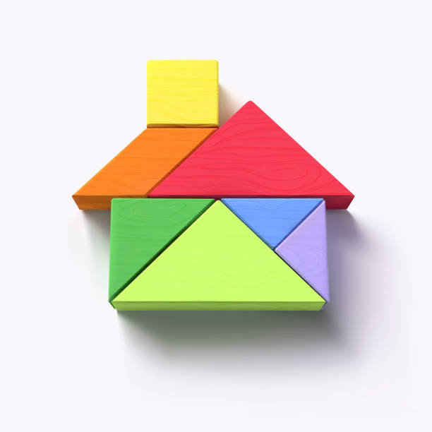 ilustraciones, imágenes clip art, dibujos animados e iconos de stock de tangram de madera de rompecabezas de la casa, la vida familiar y el concepto del hogar - tangram casa