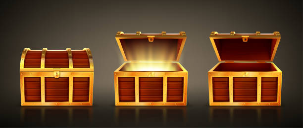 Wooden treasure chest with open and closed lid Wooden chest with open and closed lid. Pirate treasure box with magic glow inside. Vector realistic set of old wood trunk with golden fetter. 3d empty vintage coffer isolated on dark background antiquities stock illustrations