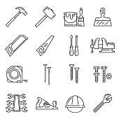 Carpentry and woodwork repair or construction tools. Vector icons of hammer mallet, paint brush or plastering spatula and saw, screwdriver or vise and tape-measure, nails, screws and bolts