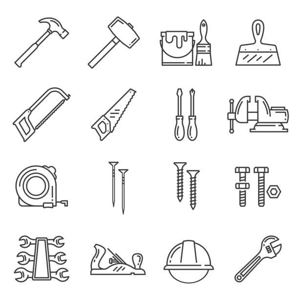 Woodwork, carpentry tools vector icons Carpentry and woodwork repair or construction tools. Vector icons of hammer mallet, paint brush or plastering spatula and saw, screwdriver or vise and tape-measure, nails, screws and bolts hammer stock illustrations