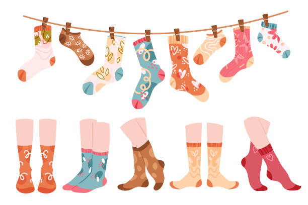 Woolen socks, foot underwear set, legs wear warm cotton socks with flowers and hearts vector art illustration