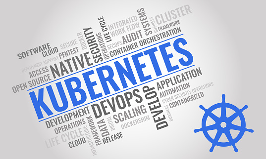 KUBERNETES word cloud. Cybersecurity open-source container-orchestration system concept. Vector illustration..