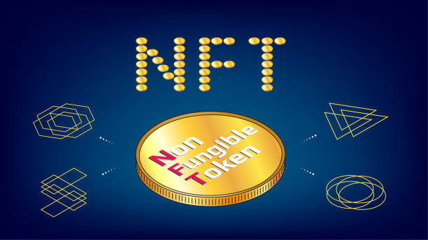 nft слово из золотых монет не взаимозаменяемые жетоны инфографики с большой изометрической монетой на синем фоне. платите за уникальные пре� - nft stock illustrations