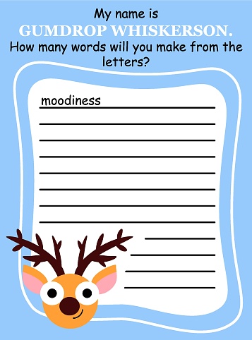 Word game with happy cartoon reindeer - activity page vector illustration