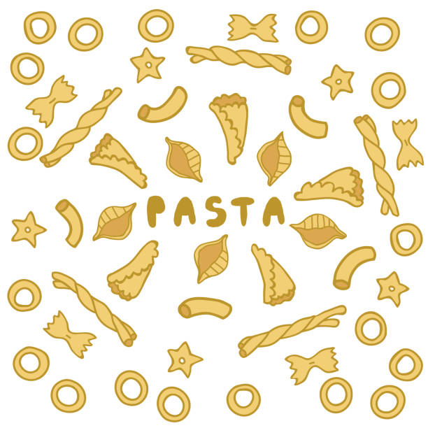 A word "Pasta" in frame made of different pasta varieties. Hand drawn vector illustration. Print design for card, poster. Collection set of macaroni. Italian national dish. Isolated on white background pasta borders stock illustrations