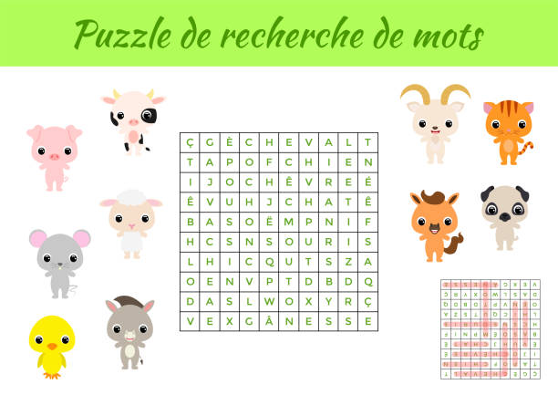 Word search puzzle with pictures. Educational game for study French words. Kids activity worksheet colorful printable version. Includes answers. Vector stock illustration Word search puzzle with pictures. Educational game for study French words. Kids activity worksheet colorful printable version. Includes answers. Vector stock illustration printable cow stock illustrations