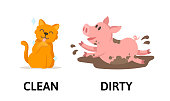 Words clean and dirty textcard with cartoon cat and pig characters. Opposite adjectives explanation card. Flat vector illustration, isolated on white background.