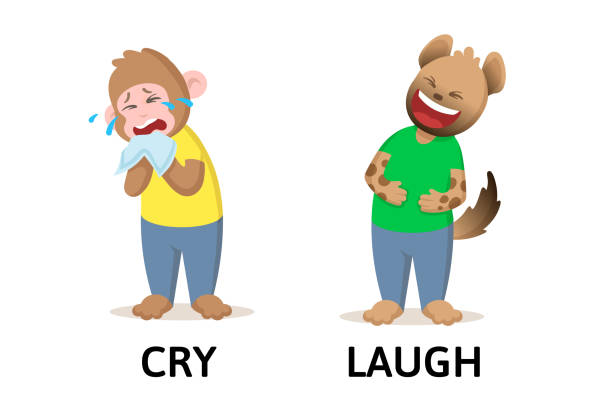 Words cry and laugh flashcard with cartoon animal characters. Opposite adjectives explanation card. Flat vector illustration, isolated on white background. Words cry and laugh textcard with cartoon monkey and hyena characters. Opposite adjectives explanation card. Flat vector illustration, isolated on white background. laughing monkey stock illustrations