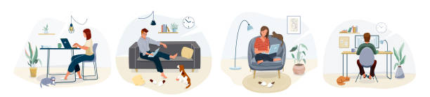 Work at home concept design. Freelance woman and man working on laptop with pets at their house, dressed in home clothes. Vector illustration set isolated on white background Work at home concept design. Freelance woman and man working on laptop with pets at their house, dressed in home clothes. Vector illustration set isolated on white background. sofa stock illustrations