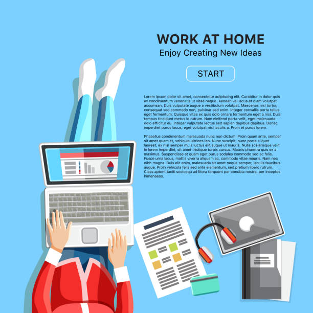 illustrazioni stock, clip art, cartoni animati e icone di tendenza di concetto di lavoro a casa con la donna - floor top view