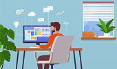 istock Work at home. Freelancer man working on computer remotely, internet career. Home office concept. 1280703667