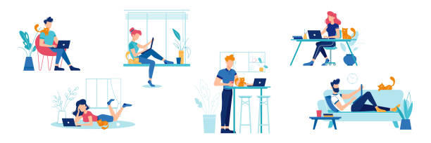 ilustrações de stock, clip art, desenhos animados e ícones de work at home, people at home office, freelance and online, vector flat illustrations set. men and women working at home with laptop, sitting a table or sofa, freelancer workers - family modern house window