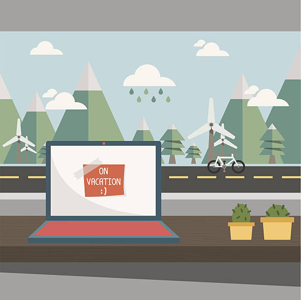 work desk with a window open to the mountain view - small business saturday stock illustrations