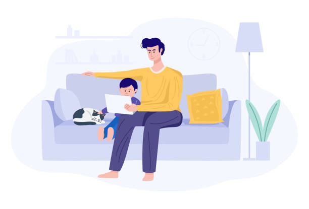 Work from home concept. Father teaching his son to use laptop sitting on sofa. Vector eps 10 father and child stock illustrations