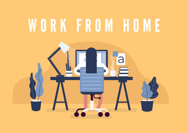 ilustraciones, imágenes clip art, dibujos animados e iconos de stock de trabajar desde el concepto de casa. espacio de trabajo de diseño gráfico. diseñadores sentados en el escritorio. - home office