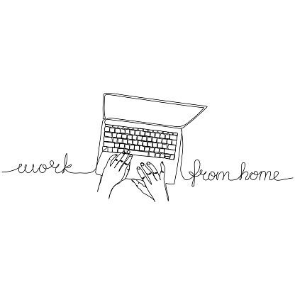 Work from home concept, Hands on computer. Continuous one line drawing. Minimalist design. Vector illustration.