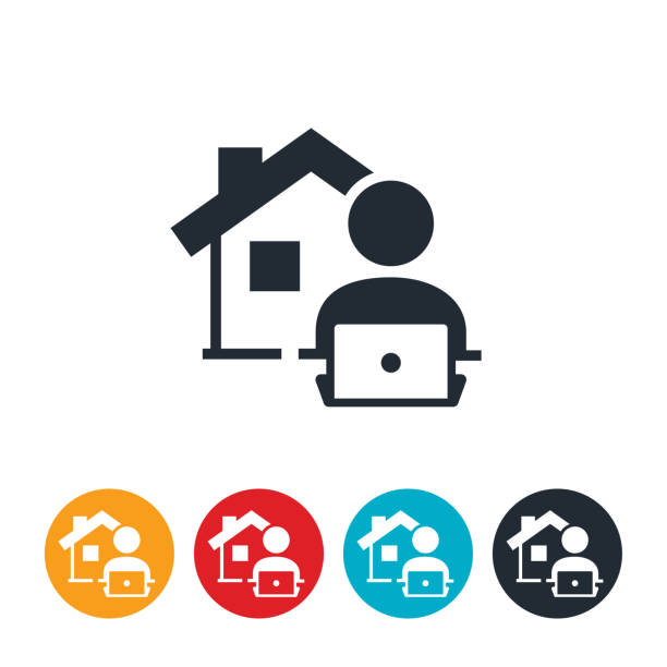 Work From Home Icon An icon of a person working on laptop with a house in the background. The icon represents working from home or telecommuting. home office stock illustrations
