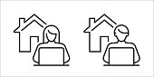 An icon of a woman and a man working on laptop with a house in the background. The icon represents working from home or telecommuting