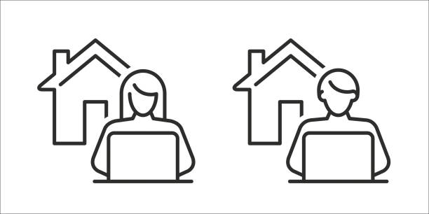 work from home icon An icon of a woman and a man working on laptop with a house in the background. The icon represents working from home or telecommuting home office stock illustrations