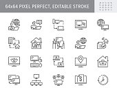 Work from home line icons. Vector illustration included icon as freelance worker with laptop, workspace, pc monitor, business outline pictogram for online job. 64x64 Pixel Perfect, Editable Stroke.