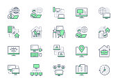 Work from home line icons. Vector illustration included icon as freelance worker with laptop, workspace, pc monitor, remote business outline pictogram for online job, green color.