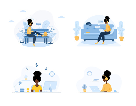 Work from home. Set of african women freelancer. Concept illustration for online working, studying, shopping, education. Girls with laptops chatting and blogging. Vector illustration in cartoon style