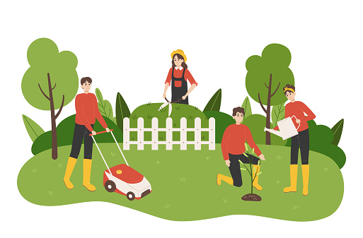 Work in garden. Cartoon people take care of yard. Couple planting and watering trees. Woman trimming green bushes. Man mowing grass with lawn mower. Vector gardeners do agriculture job