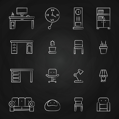 Work Room Furniture Icons On Chalkboard Stock Illustration