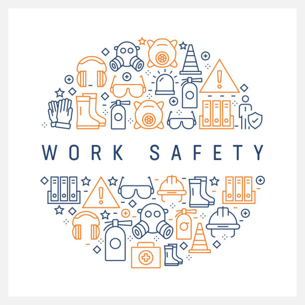 ilustrações, clipart, desenhos animados e ícones de conceito de segurança de trabalho - ícones coloridos linha, dispostos em círculo - segurança do trabalho