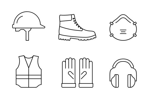 Work safety concept. Safety equipment line icon set. PPE, personal protection equipment. Construction industry. Protective helmet, mask, shoe, vest, gloves, headphones. Vector illustration, clip art. safety equipment stock illustrations